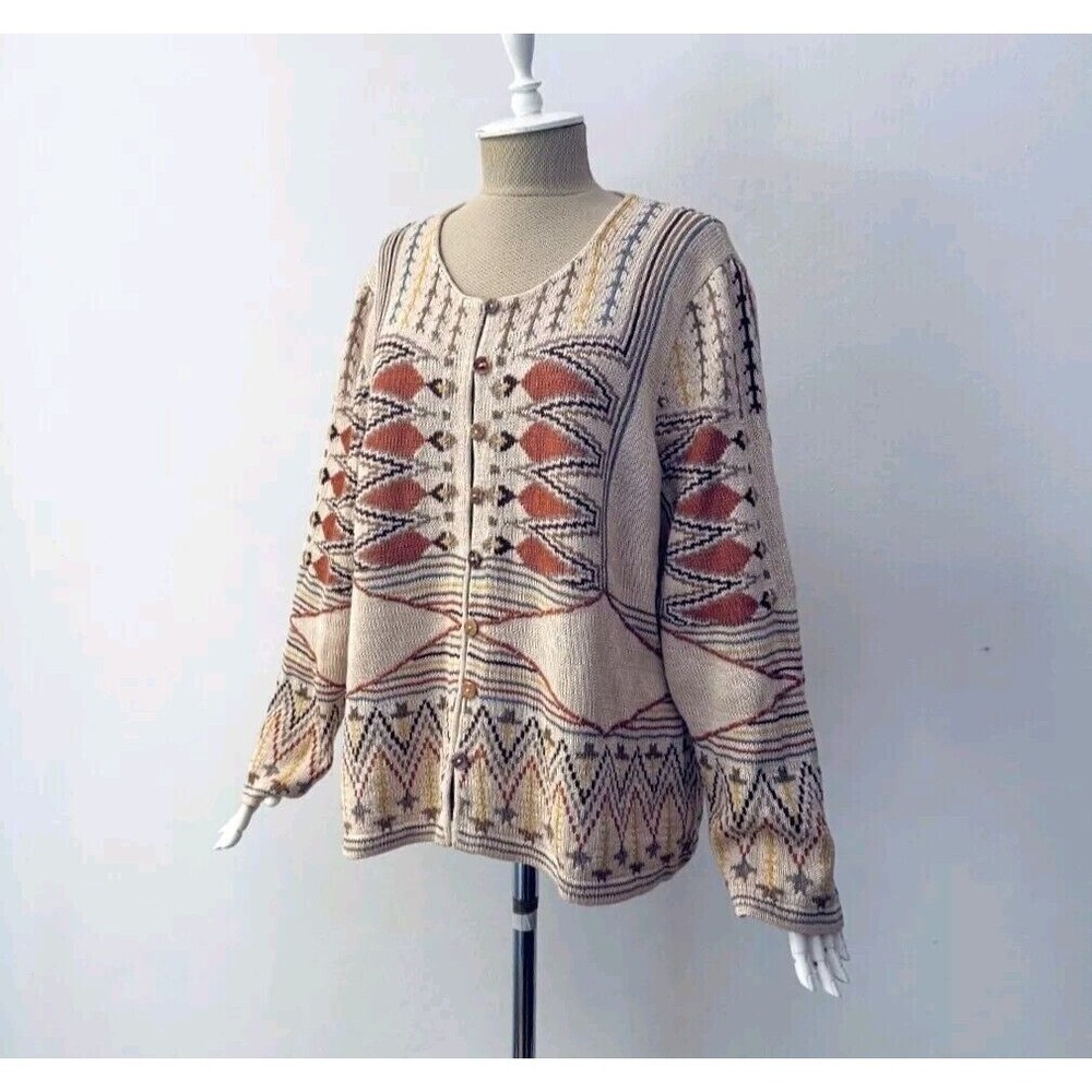 Peruvian Connection Vintage Aztec Pima Cooton Button Down Sweater Cardigan
